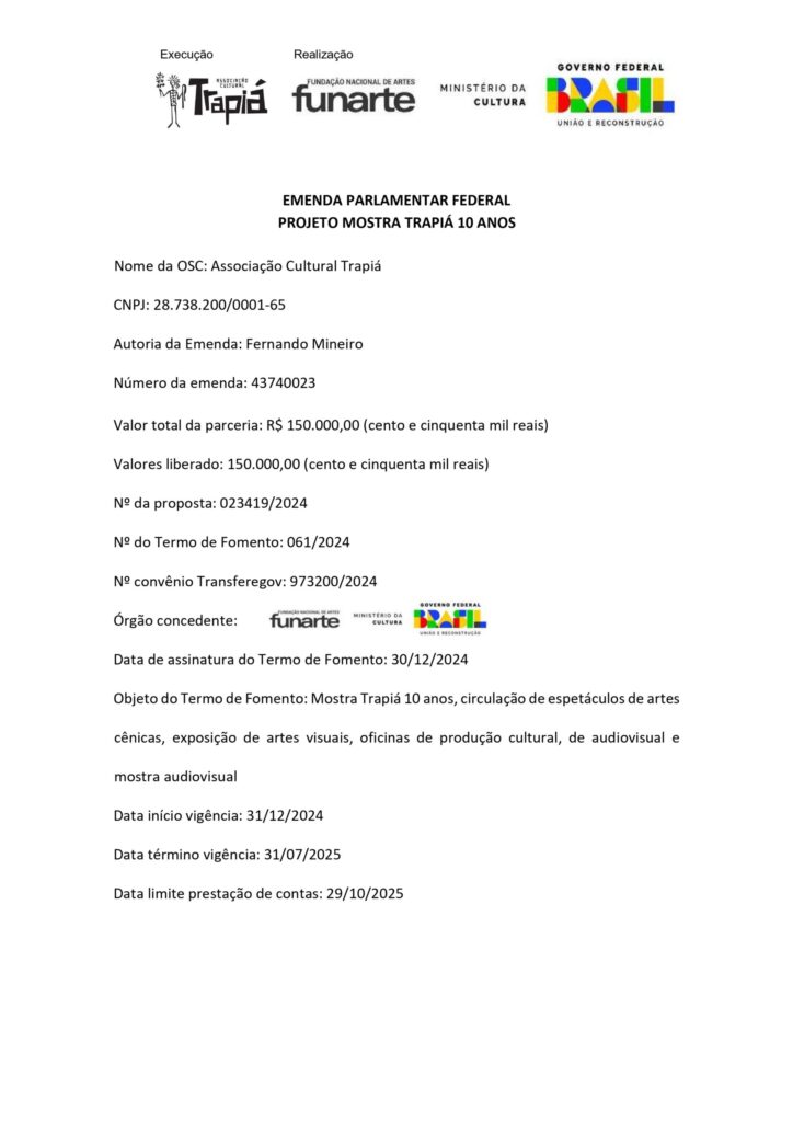 Descrição de dados de transparência Projeto Mostra Trapiá 10 anos